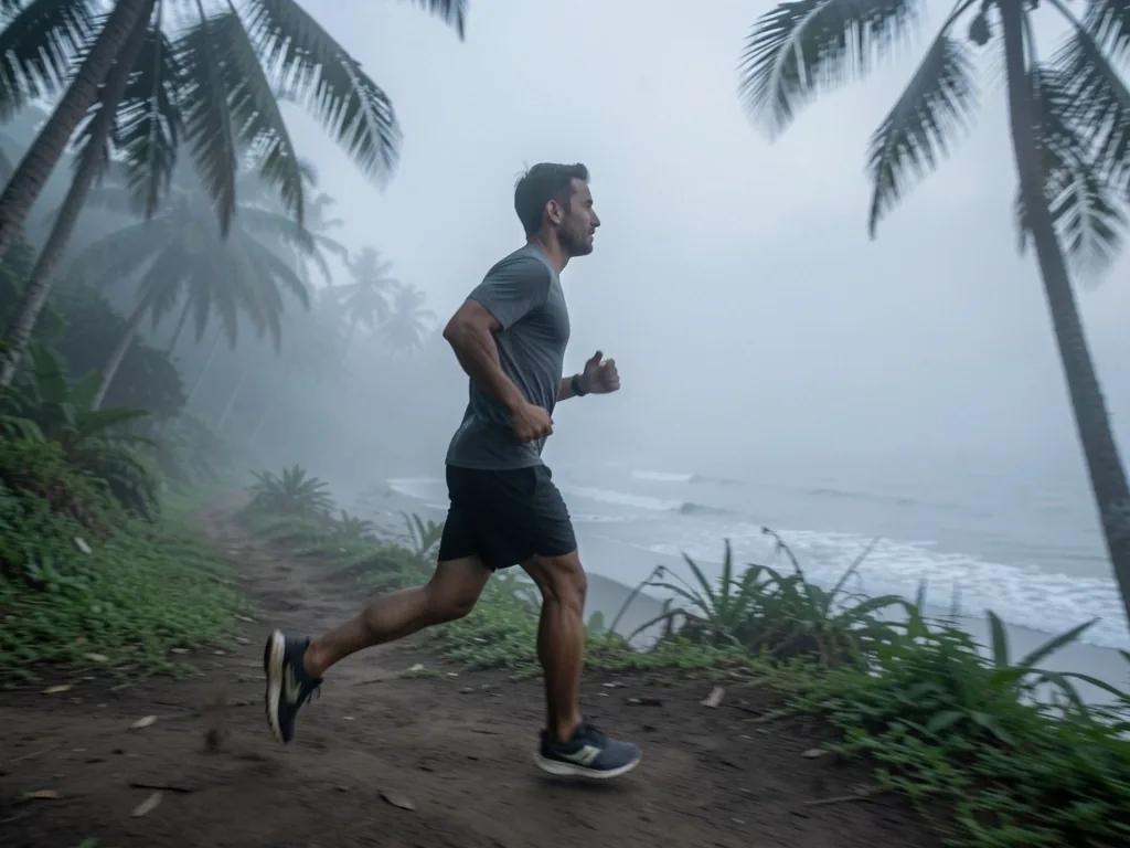 Man training at dawn on a coastal path