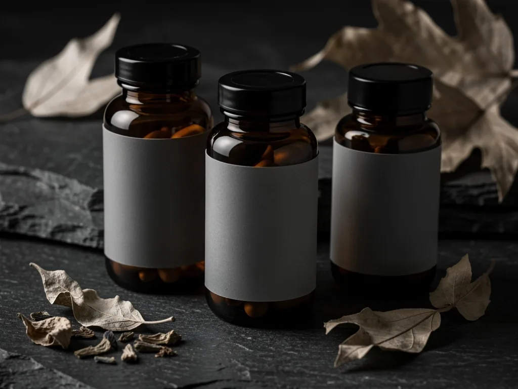 Natural supplement bottles on dark surface