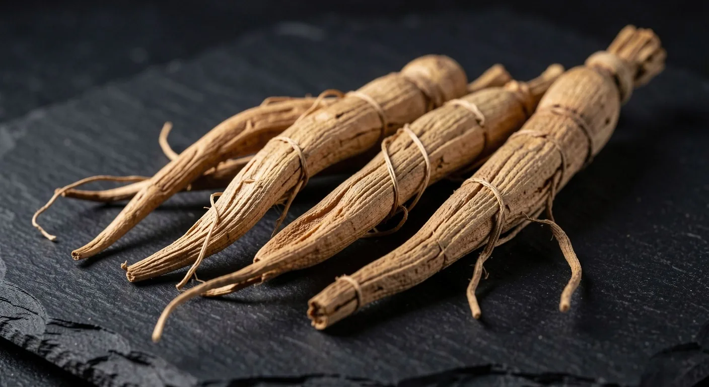 Natural root ingredients on a dark surface