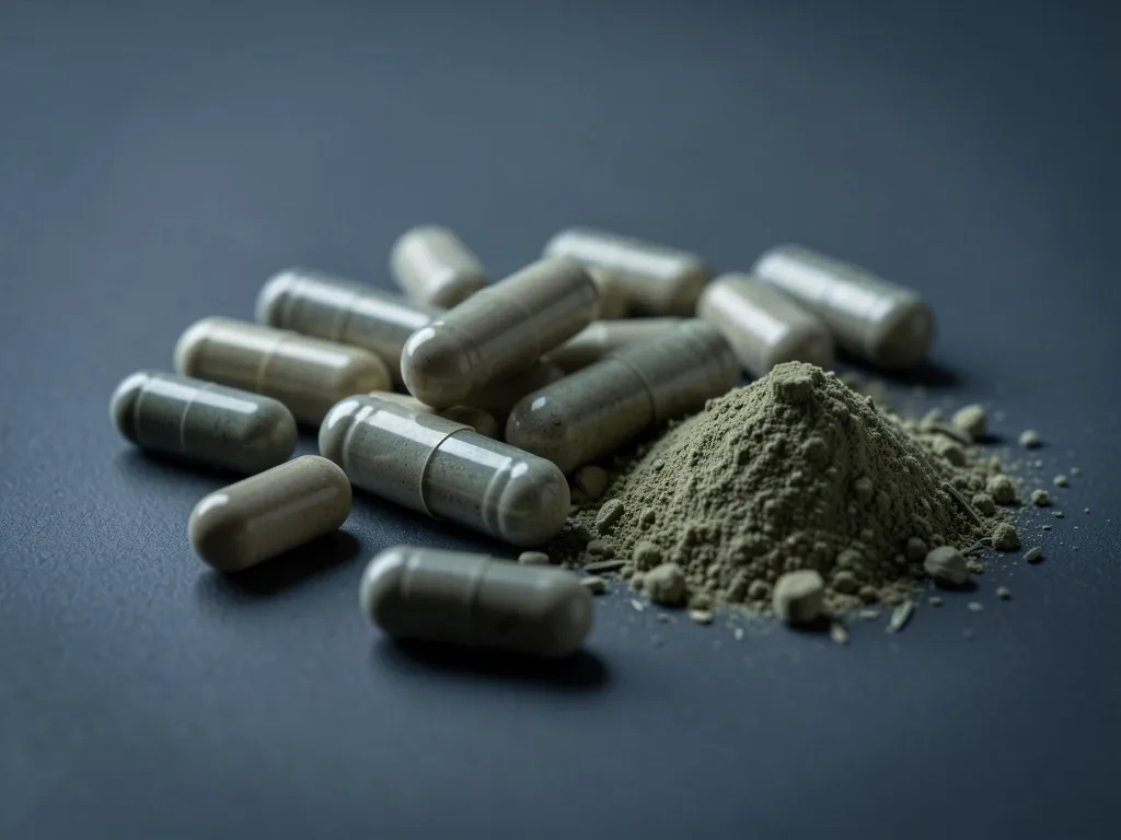 Natural supplement capsules and powders on a dark surface