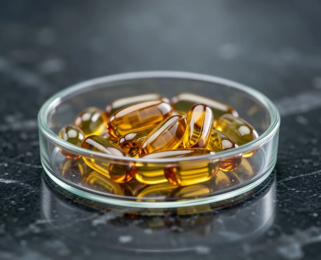 Amber supplement capsules in laboratory glassware