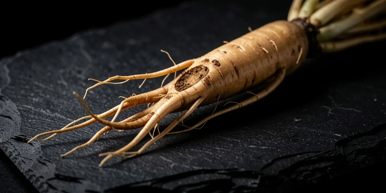 Ginseng root cross-section on dark stone