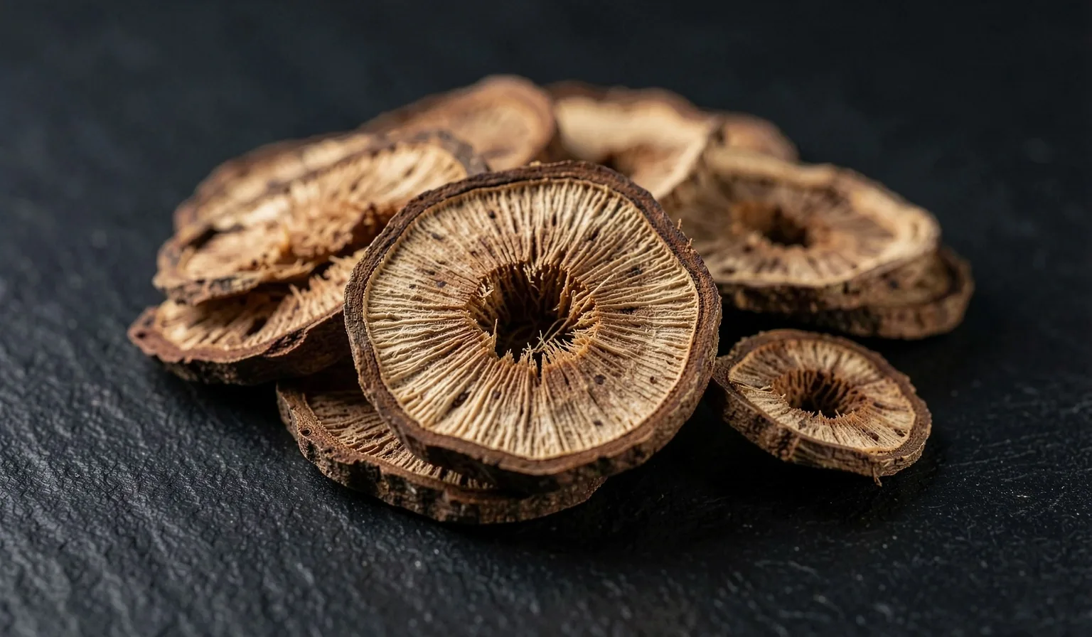 Dried botanical root on dark surface