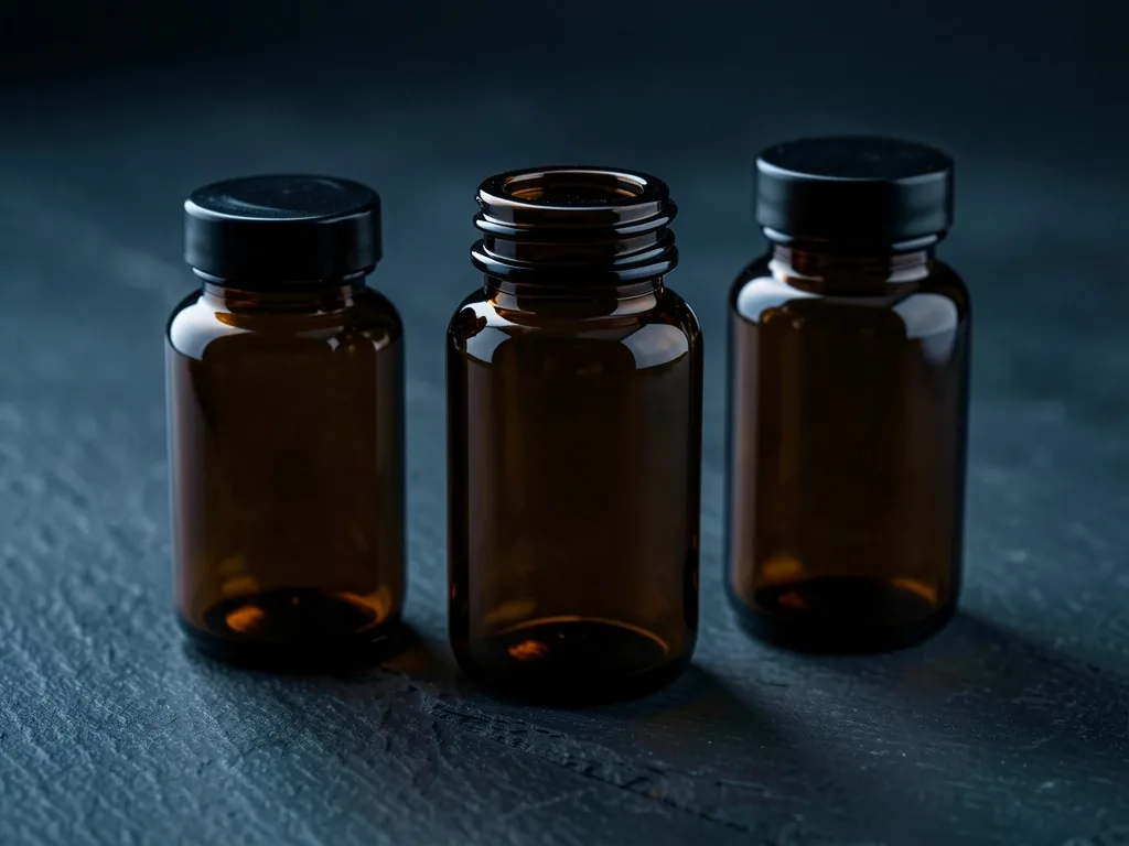 Dark glass bottles protecting supplement capsules from light degradation