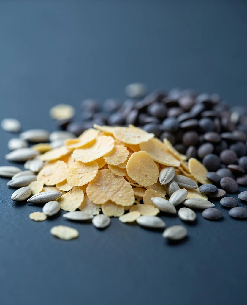 Foods rich in B-complex vitamins arranged on a dark surface