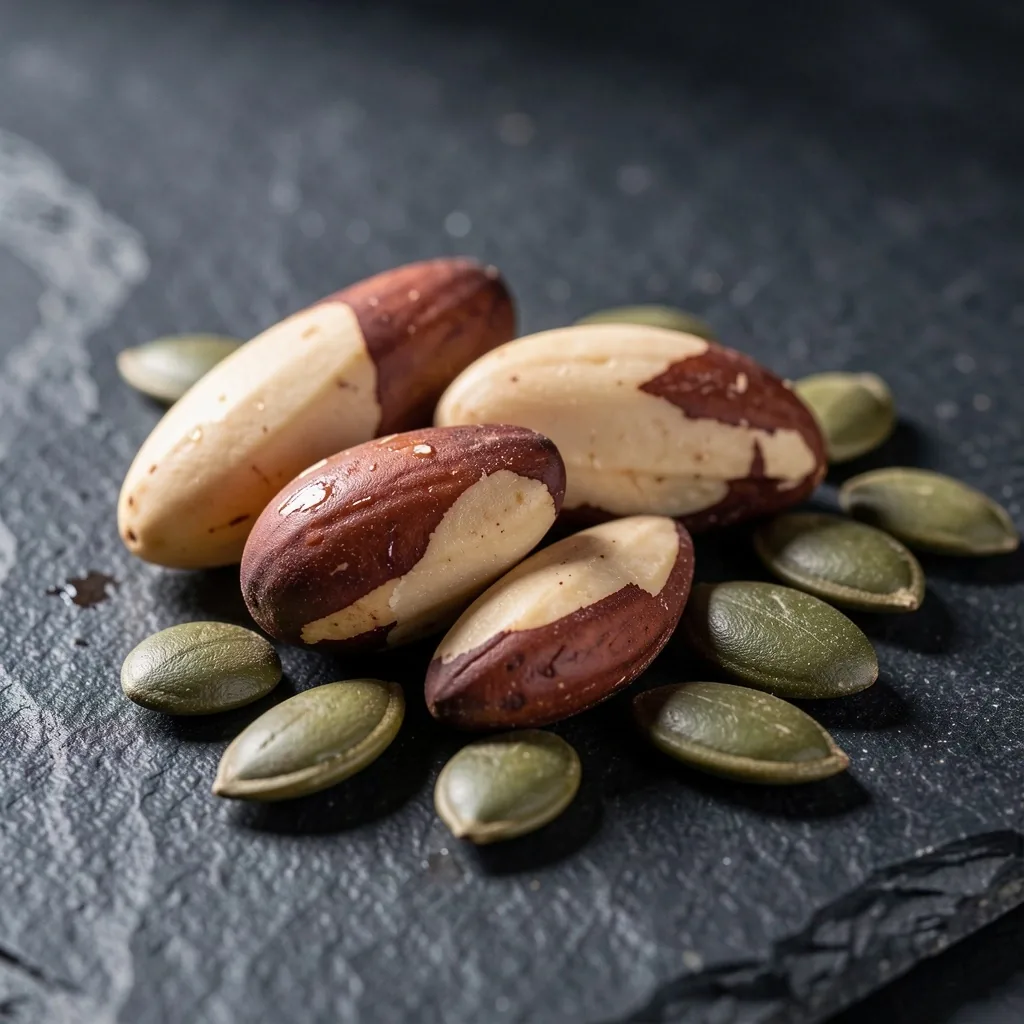 Selenium and copper rich foods on a dark stone surface